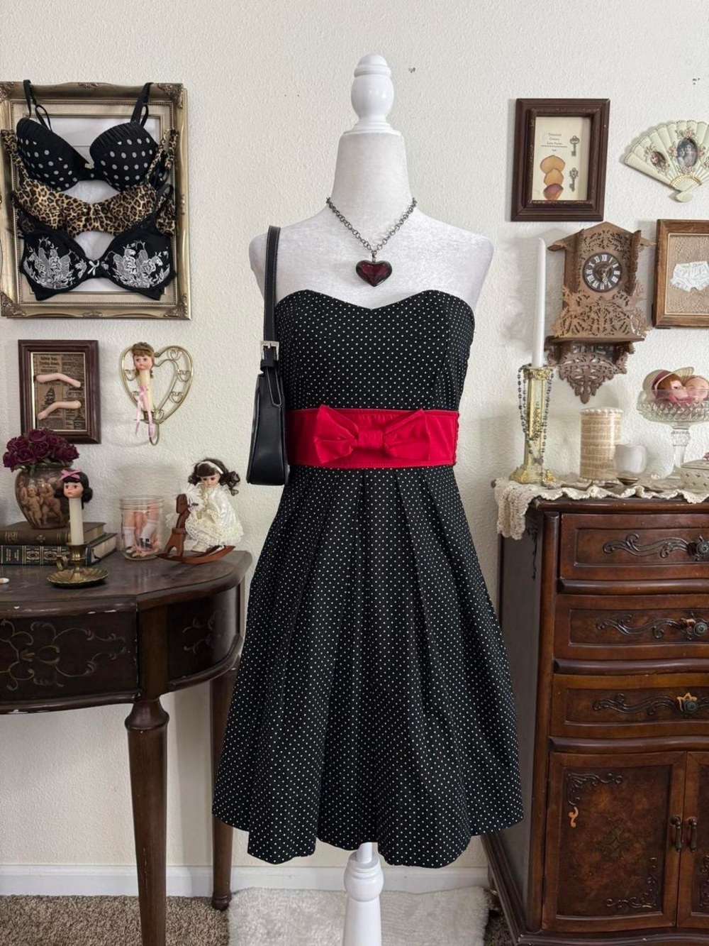 Y2k girly grunge femme fatale dark coquette black and white polkadot dress w red
